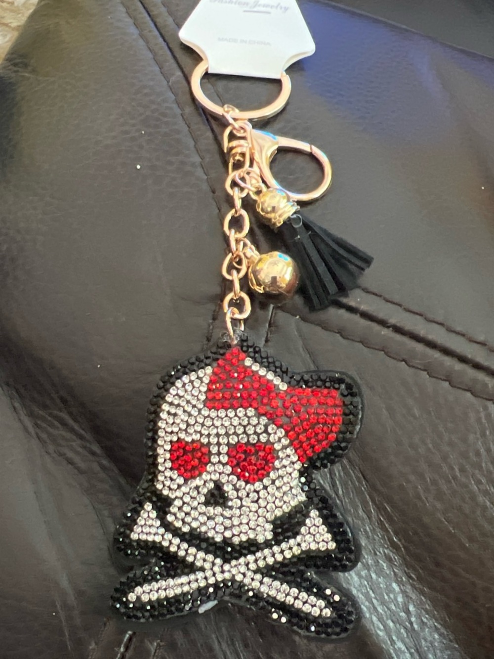 Rhinestone Skull & Crossbones Keychain with Red Hat and Tassel